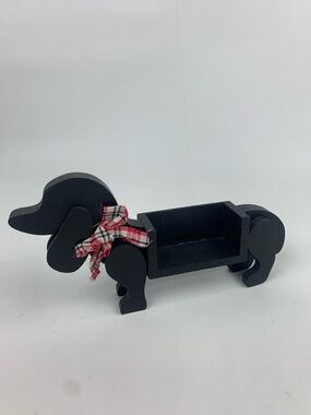 Black Dachshund Wooden Trinket Dish decoration with red Plaid Bow